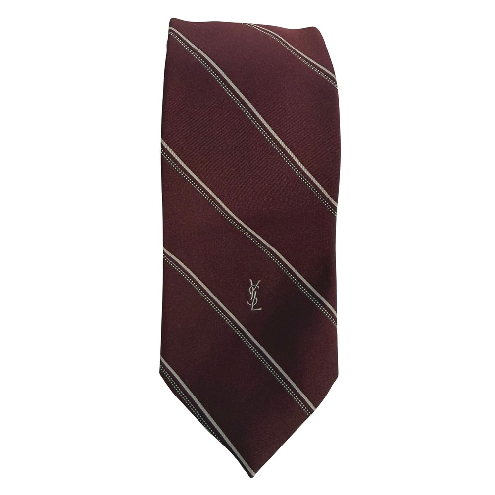 Yves Saint Laurent Tie 3.25" W 56" L Silk Striped Burgundy YSL Logo Vintage Prep